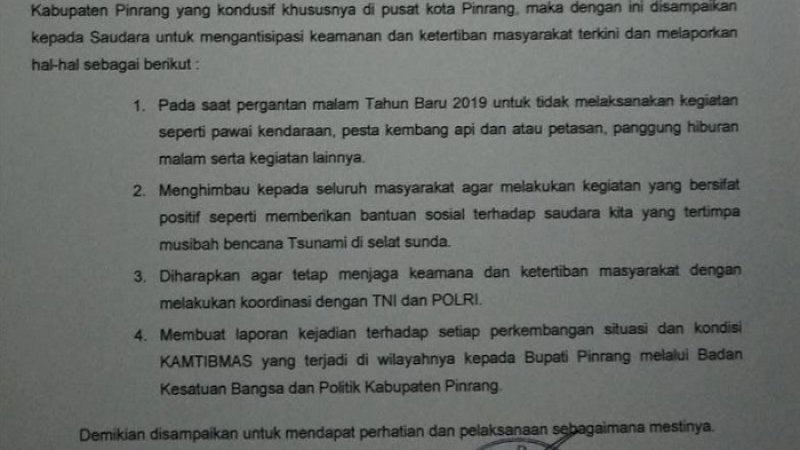 Surat edaran Bupati Pinrang terkait perayaan tahun baru.