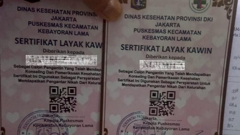 Contoh sertifikat layak kawin yang berlaku di DKI Jakarta.