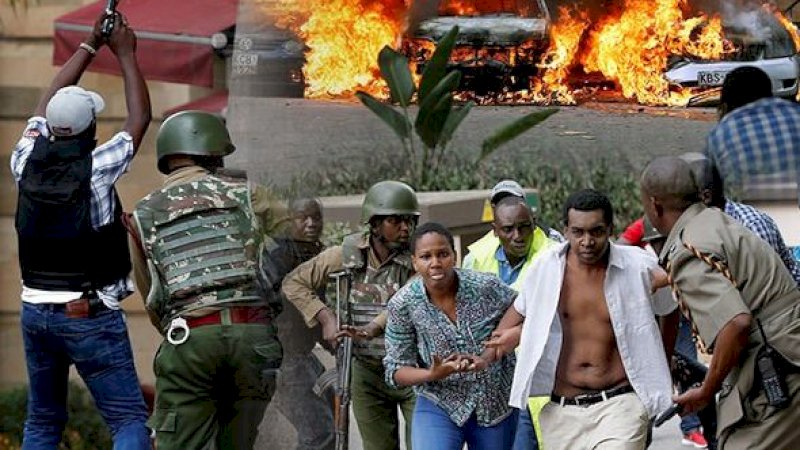 Orang-orang menyelamatkan diri dari serangan di hotel di Nairobi.