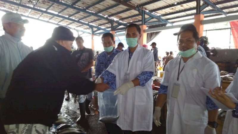Dinas Perikanan dan Pertanian (DP2) Kota Makassar memeriksa kandungan ikan di Pangkalan Pendaratan Ikan (PPI) Paotere, Jalan Sabutung. Kamis (17/1/2018).