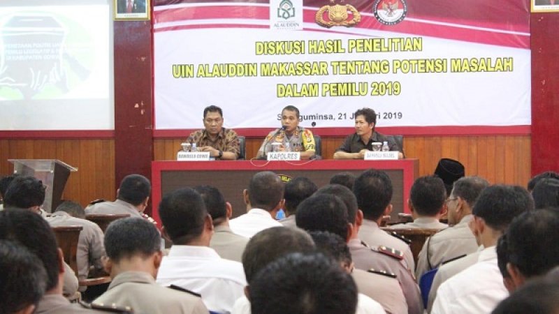 Diskusi Potensi Masalah dalam Pemilu 2019 di Aula Endra Dharmalaksana Mapolres Gowa, Senin (21/1/2019).