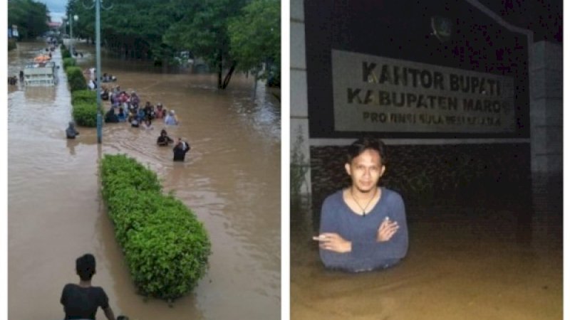 Kiri, foto di jalanan di depan Masjid Almarkaz Maros, foto kanan, foto di depan papan nama Kantor Bupati Maros.