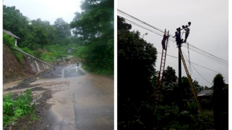 Tiang listrik PLN yang roboh (kiri), dan petugas berjibaku memperbaiki sistem kelistrikan di Sulsel.