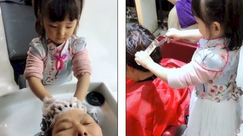 Liang Xinxin mencuci rambut neneknya