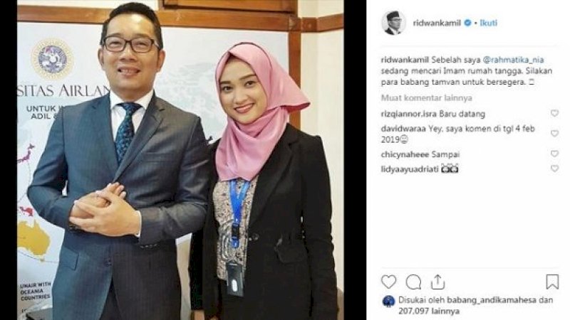 Unggahan Ridwal Kamil saat mempromosikan Rahmatika Nia Agustina.