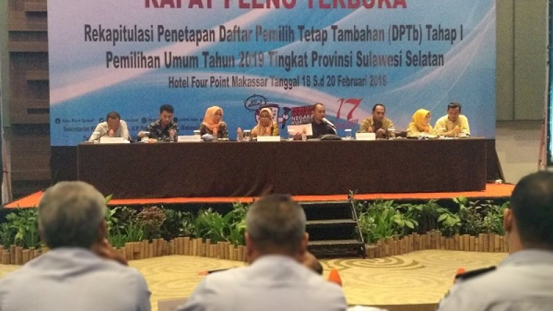 Rapat Pleno Terbuka Rekapitulasi Penetapan Daftar Pemilih Tetap Tambahan (DPTb) Tahap I Pemilu 2019 Tingkat Provinsi Sulsel yang dihelat di Hotel Four Points by Sheraton, Jalan Andi Djemma, Makassar, Selasa (19/2/2019).