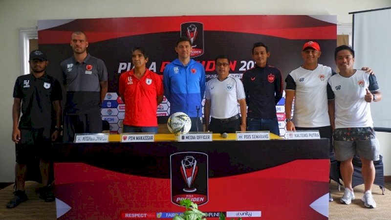Suasana saat pelatih dan pemain PSM Makassar, Kalteng Putra, PSIS Semarang, serta Persipura Jayapura dalam sesi jumpa pers. Keempat klub tersebut tergabung dalam Grup C Piala Indonesia 2019, yang akan digelar di Stadion Moh Soebroto, Magelang, Jawa Tengah. (Foto: Ofisial PSM Makassar)