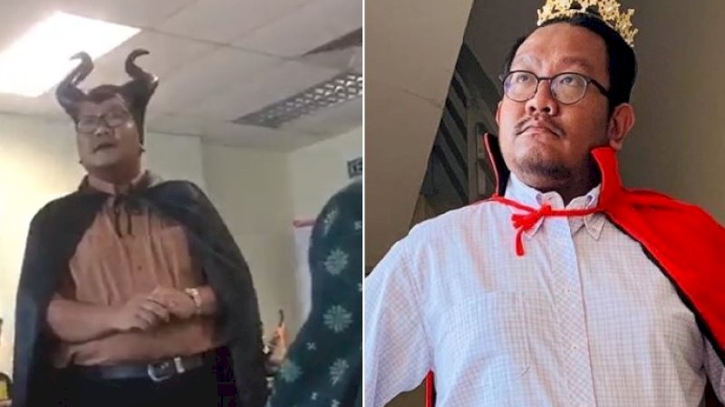 Kamarul Ariffin Ahmad, berdandan dengan berbagai karakter di film saat mengajar di dalam kelas.