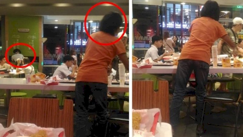 Ibu bantu putrinya membersihkan meja di resto cepat saji.