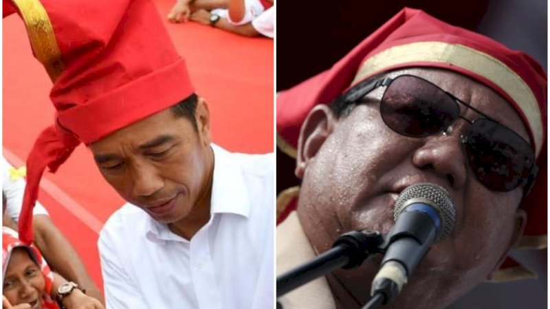 Joko Widodo (kiri) dan Prabowo Subianto (kanan) saat mengenakan pasappu dalam kampanye akbar di Provinsi Sulsel. 