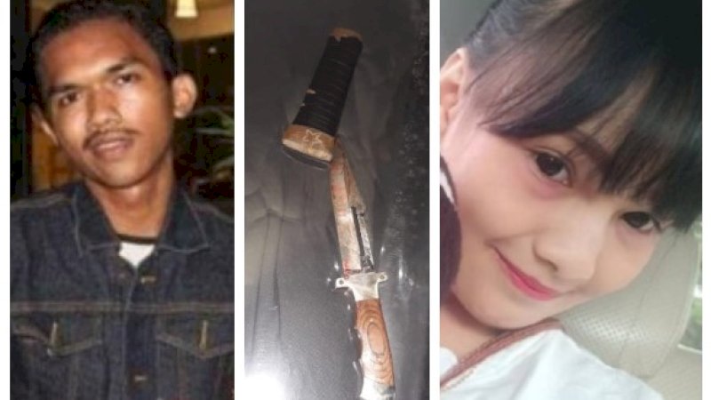 Indra Anugrah Saputra, belati yang digunakan membunuh, dan Rosalina Kumala Sari yang menjadi korban pembunuhan.