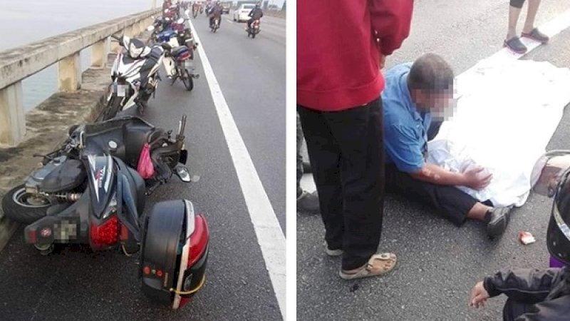 Sepeda motor Samat usai kecelakaan (kiri). Samat mengelus jasad istrinya yang tewas.