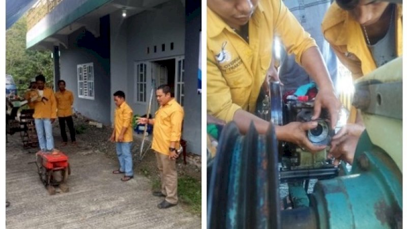 Proses overhaul mesin traktor tangan, yang digelar dosen dan mahasiswa PNUP, dibantu beberapa pemuda di Soppeng.