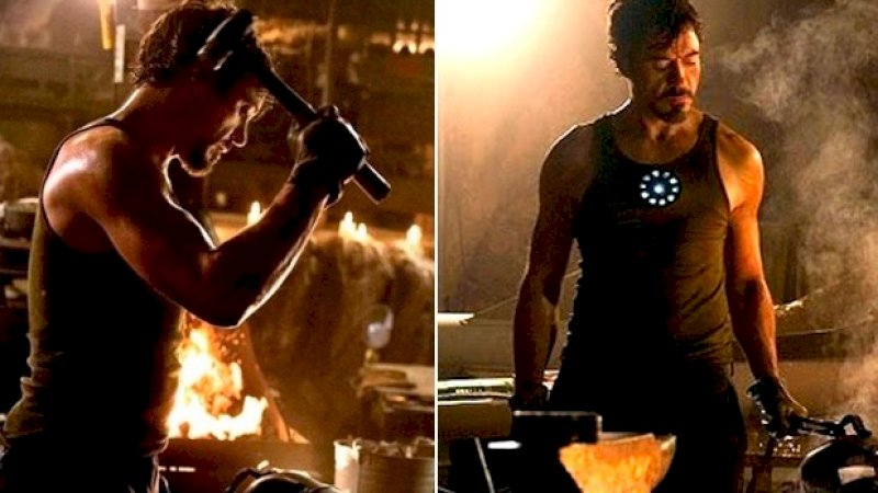 Adegan Tony Stark menempa topengnya pada film Iron Man 2008. Suara palu ini terdengar di akhir Avengers: Endgame.