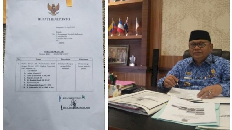 Surat pemecatan delapan pejabat koruptor (kiri). Sekda Jeneponto, Syafruddin Nurdin (kanan).