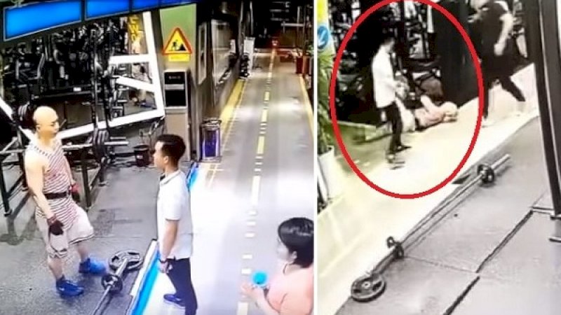 CCTV yang merekan adegan pemukulan seorang pria bertubuh kekar ke pria kecil.