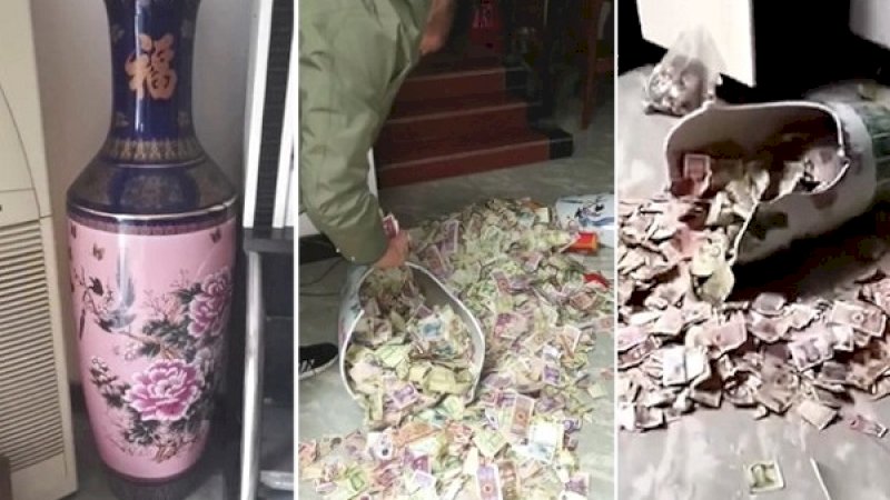 Saat vas bunga pecah, terlihat banyak uang kertas di dalamnya.