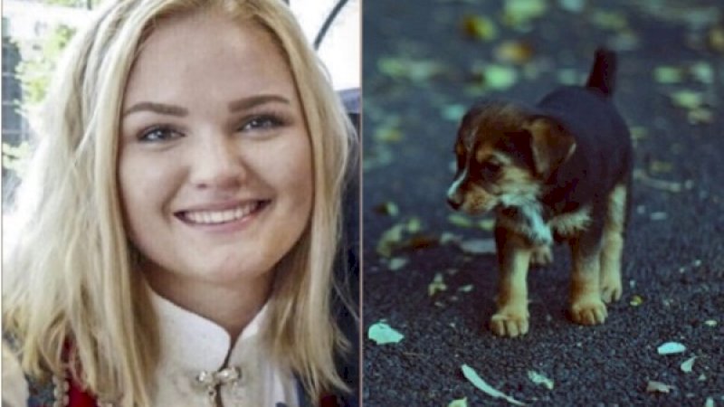 Birgitte Kallestad dan anak anjing yang dia selamatkan.