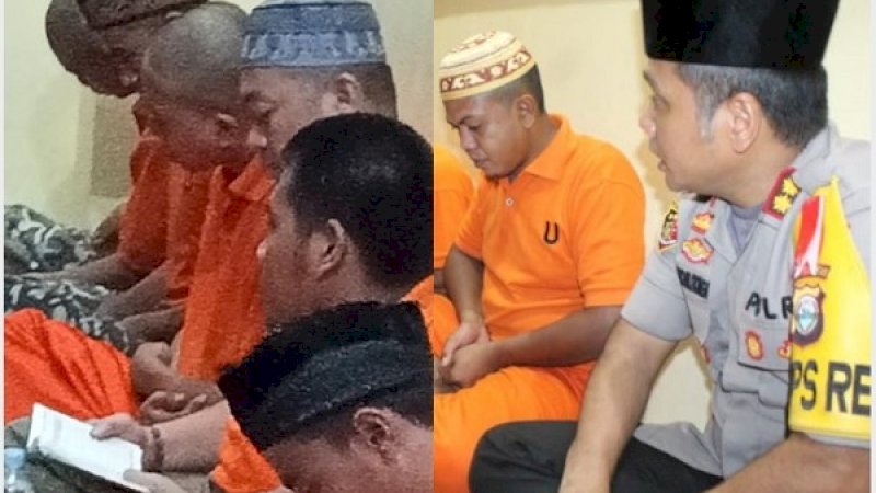 Wahyu Jayadi sedang membaca alquran (gambar kiri). Tampak Kapolres Gowa, AKBP Shinto Silitonga gagah dengan peci hitam (gambar kanan).
