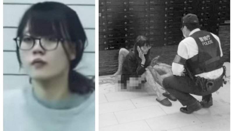 Yuko Takaoka (kiri), Takaoka tampak santai duduk di sebelah korban saat polisi tiba.