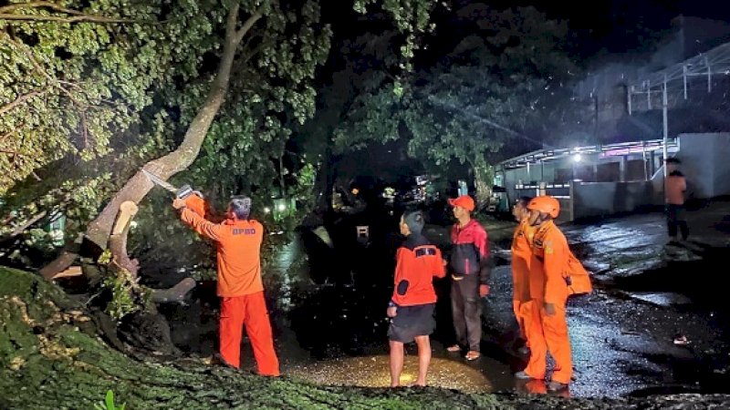 Tim SAR memotong pohon tumbang yang menghalangi arus lali lintas di Jalan Gunung Jayawijaya, Watampone.
