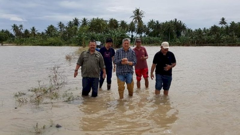 Bupati Pinrang, Andi Irwan Hamid (berkemeja garis-garis putih), turun langsung memantau banjir di Tiroang, Senin, 10 Juni 2019.