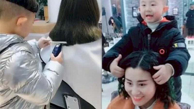 Jiang Hongqi menata rambut pelanggan