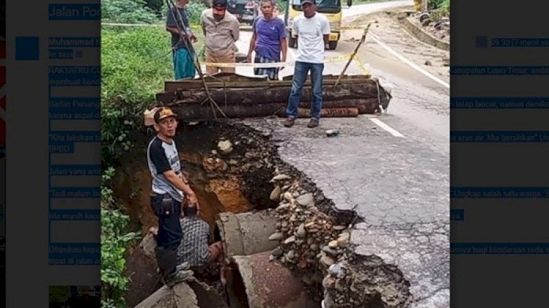 Jalan ambles di poros Trans Sulawesi di Desa Bone Pute, Kecamatan Burau, Kabupaten Luwu Timur.