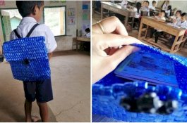 Tak Mampu Beli, Pria Ini Bikin Tas Sekolah untuk Putranya dari Tali Rafia