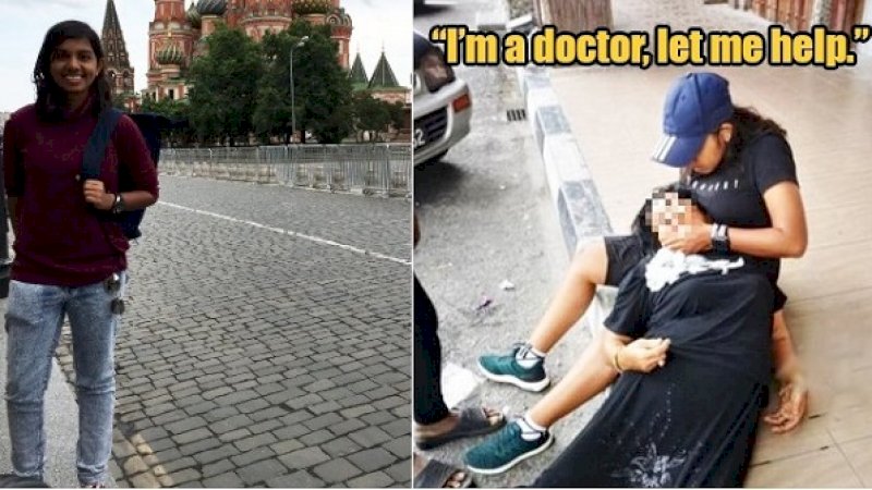 Dharshinee Suresh Kumar saat menolong seorang wanita Tionghoa yang pingsan.