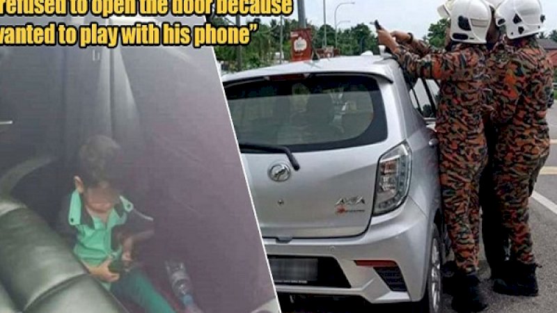 Bocah terkunci di dalam mobil sambail main game (kiri), sementara pemadam kebakaran berusaha membuka kunci mobil (kanan).