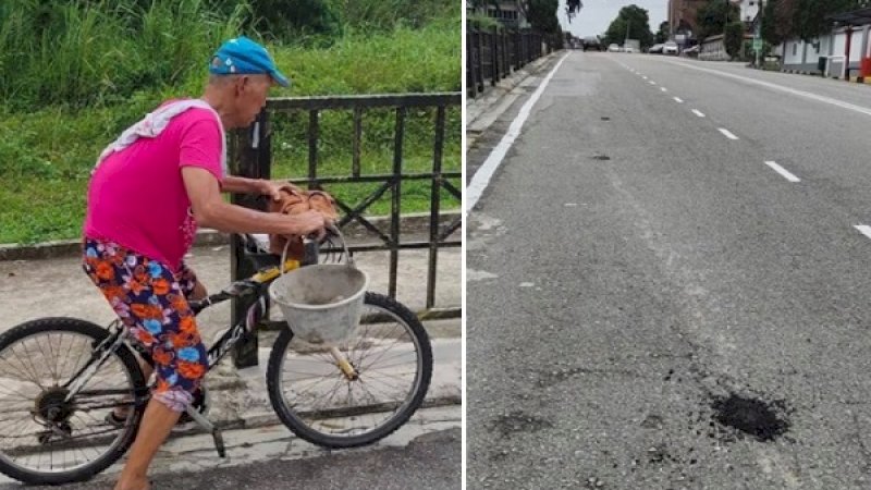 Dengan menggunakan sepeda, seorang pria Tionghoa menambal lubang jalanan di Johor setiap hari.