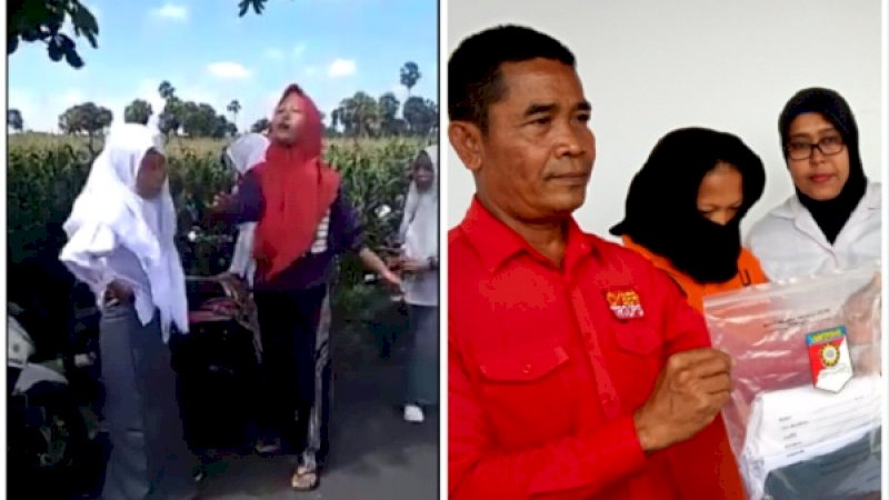 Potongan video pelaku menampar korban (kiri). Pelaku saat dihadirkan dalam konferensi pers di Polres Gowa.