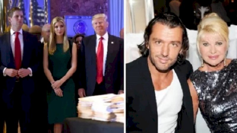 Donald Trump bersama putranya Baron dan putrinya Ivanka (kiri). Rossano Rubicondi bersama Ivana Trump (kanan).