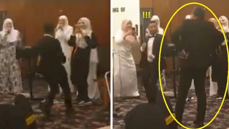 Potongan klip menunjukkan seorang pemuda berdansa (kiri), ketika suami wanita itu datang (kanan).