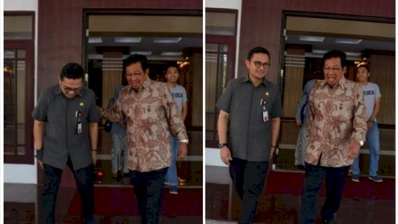 Kabiro Humas dan Protokol, Devo Khaddafi saat bertemu dengan HM Aksa Mahmud di lobi Kantor Gubernur Sulsel.