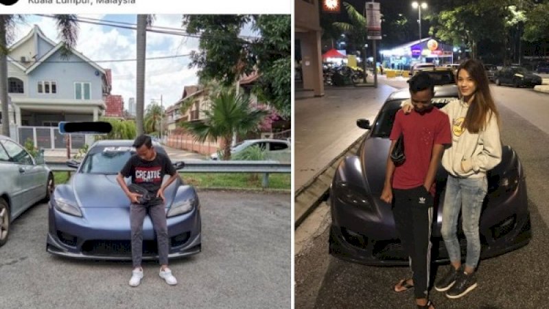 Remaja berfoto di depan sebuah mobil sport (kiri). Pemilik mobil menemui remaja tersebut.