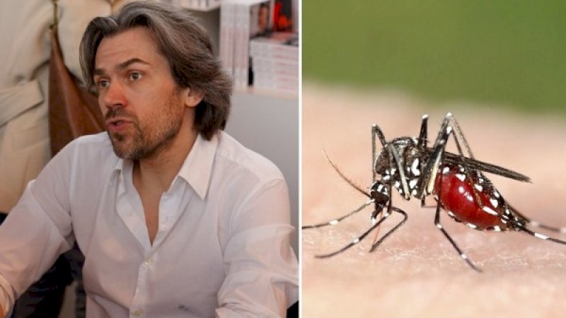 Aymeric Caron (kiri), ilustrasi nyamuk mengisap darah (kanan).