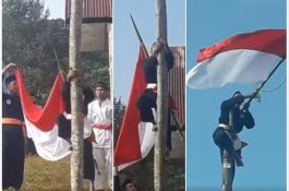 Video Unik...Indonesia Raya Menggema, Merah Putih Dibawa ke Ujung Tiang dengan Memanjat
