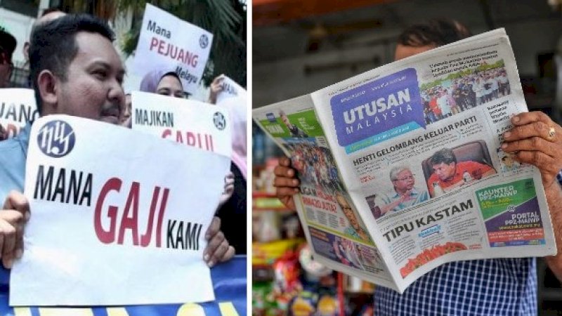 Karyawan Utusan Group tuntut gaji (kiri). Utusan Malaysia (kanan).