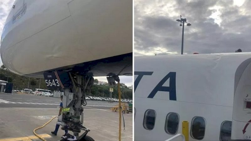 Bodi Delta Airlines Boeing 757 tampak mengkerut setelah mendarat kasar di Bandara JFK New York.