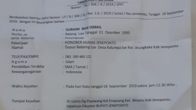 Laporan polisi korban penganiayaan ke Polres Jeneponto.