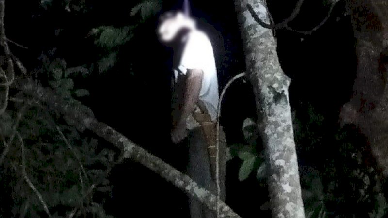 Korban ditemukan menggantung di pohon petai dengan parang masih melingkar di pinggang.