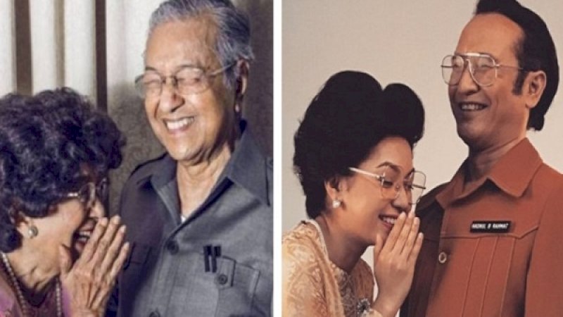 Siti Hasmah dan Mahathir yang asli (kiri), dalam peran (kanan).