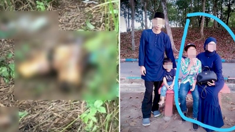 Wanita dan anak (lingkaran biru) yang diduga korban mutilasi suaminya (beridiri di kiri).