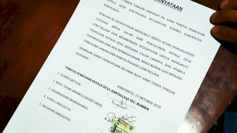 Surat pencabutan diskualifikasi calon di Pilkades Jene'tallasa.