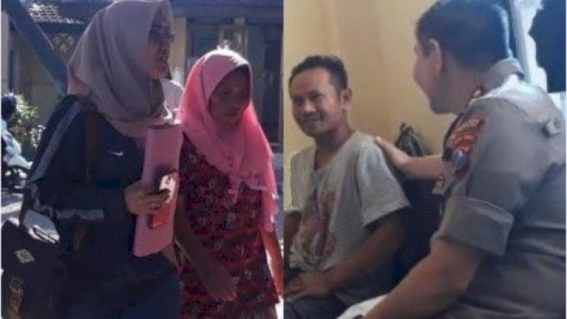 Seorang polisi wanita, menggiring Busani (foto kiri), seorang polisi pria menanyai Jumarin (foto kanan).