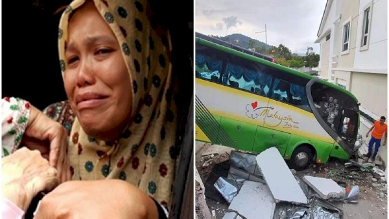 Siti menangis saat mengetahui putranya adalah salah satu korban tewas dalam kecelakaan bus di Malaysia.