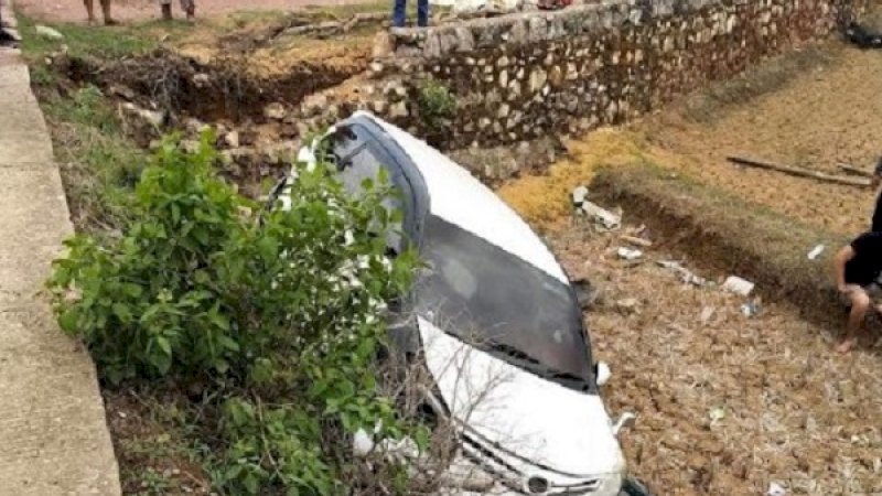 Mobil minibus putih, terjun ke parit setelah sopirnya berusaha menghindari sapi.