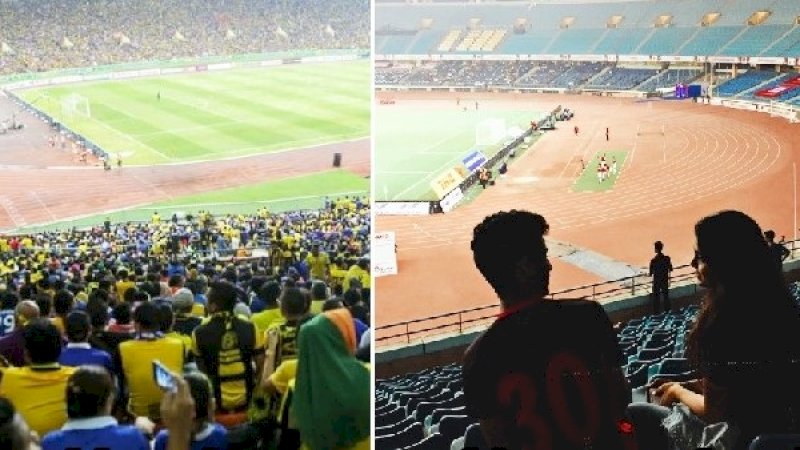 Stadioan Bukit Jalil dipenuhi penonton saat pertandingan Malaysia melawan Indonesia, yang dimenangkan Malaysia 2-0.